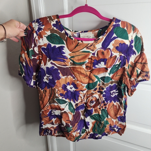 Vintage 80s Ann Hill Floral Short Sleeve Top Blouse Small - Picture 2 of 8